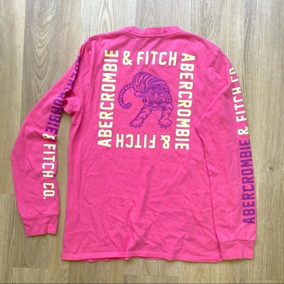 Abercrombie & Fitch Pink Long Sleeve Tiger Graphic Tee | Bright Fall Crewneck - Picture 1 of 6